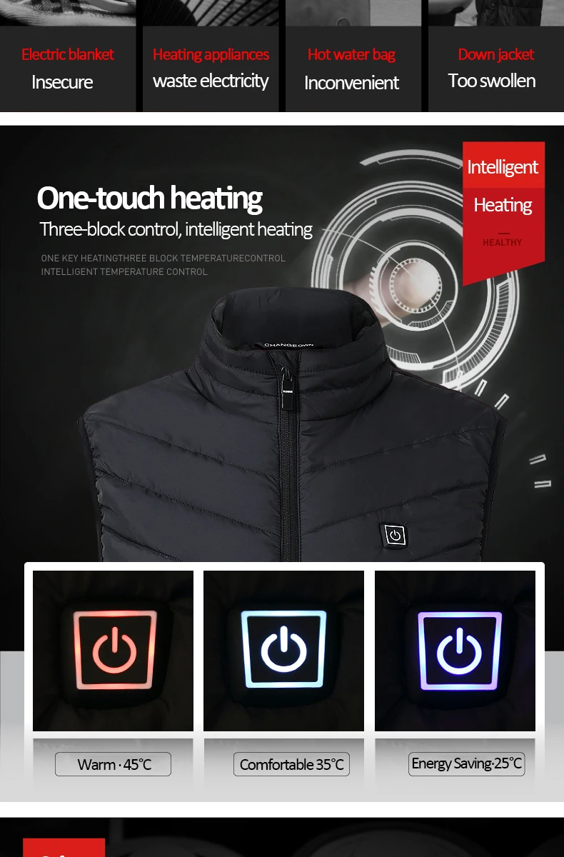 Herren-Winterweste mit elektrischer Heizung, USB-Anschluss, Infrarot-Technologie, 17 Heizzonen, übergroße Passform, ideal für Sport und Wandern. – Detail 3