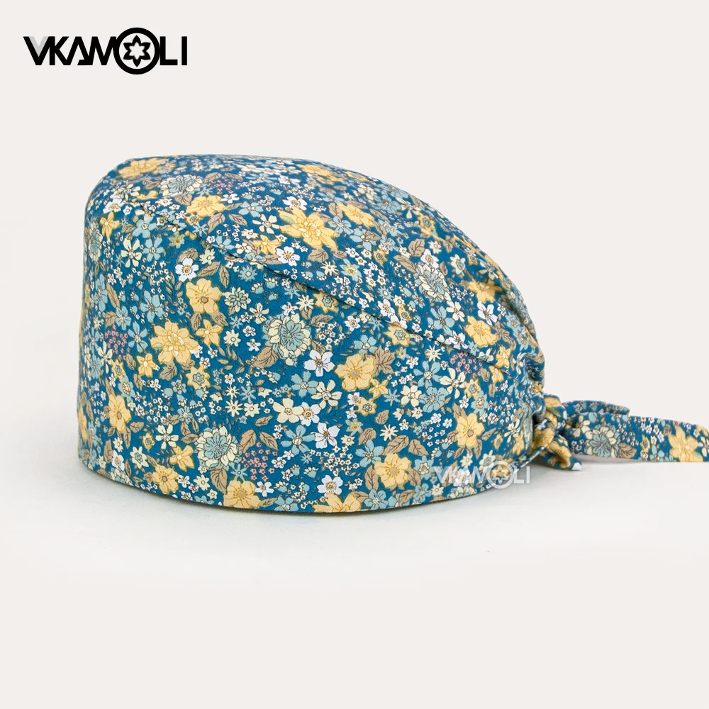 Scrub Hats Flower Printed Cotton Washable Head Caps Breathable Face Cover Workwear Anti-dust Hats