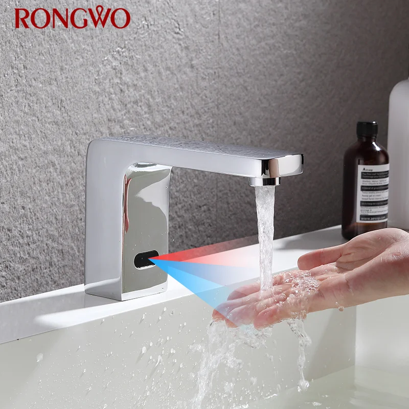 

RONGWO Chrome Polished Basin Faucet Bathroom Automatic Infrared Sensor Sink Tap Cold Water Basin Faucet