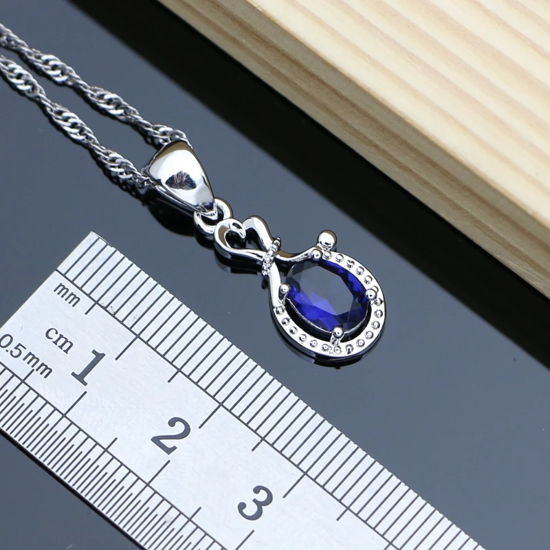 Blue Sapphire Earrings 925 Silver Wedding Jewelry Set for Women Bride Necklace Resizable Ring Trendy Gift Jewelry 10 Color Stone