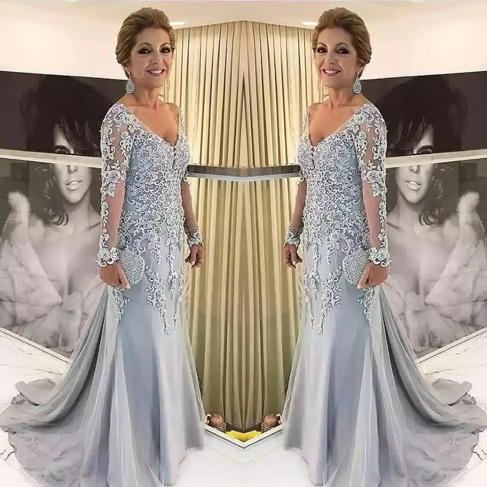 Blue Silver Mother Bride Dresses Long Sleeves 2024 V Neck Floral Godmother Elegant Wedding Party Guest Evening Gowns New