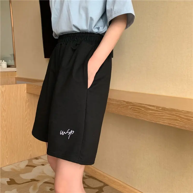 Summer Knee Length Shorts Women Baggy Wide Leg Letter Embroidery Casual Fitness High Waist Students Short Streetwear Hot Sale