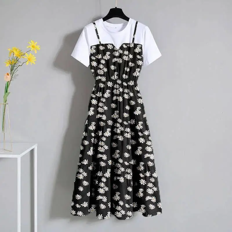 JMPRS Patchwork kobiety Midi sukienka duże rozmiary modne kwiatowe nadruki lato linia z krótkim rękawem Casual O Neck w pasie Vestidos