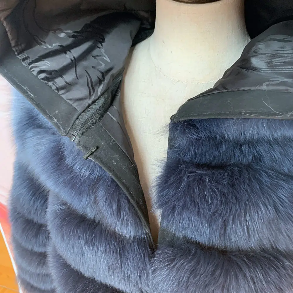 QIUNUOXI 2024 Real Fur Long Coat With Hood Natural Fox Fur Jacket Hood Plus Size Female High Quality Winter Jacket Real Vests