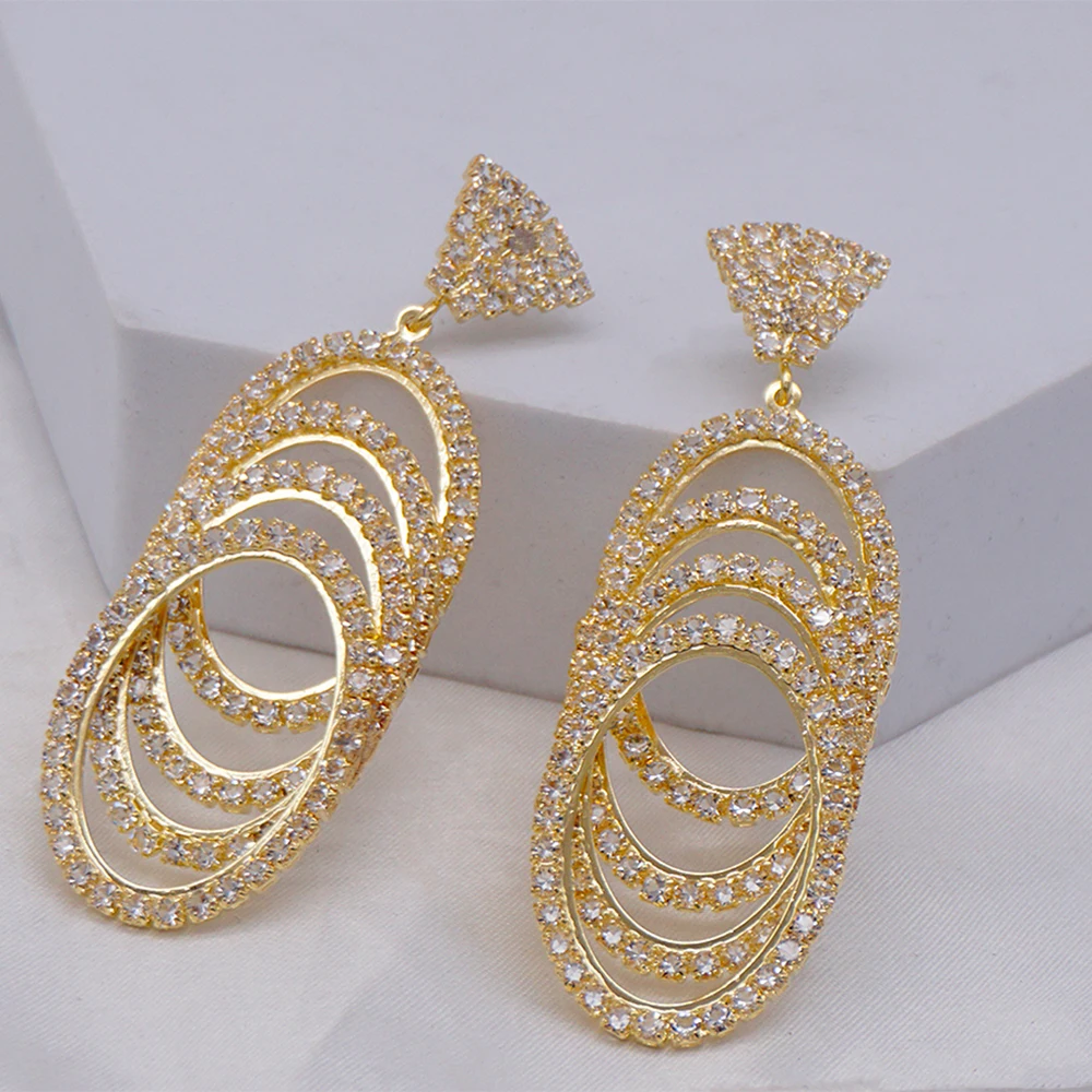 New Long Gold Metal Round Drop Earrings Fully Studded With Crystals High-Quality Rhinestone Jewelry Accessories For Women