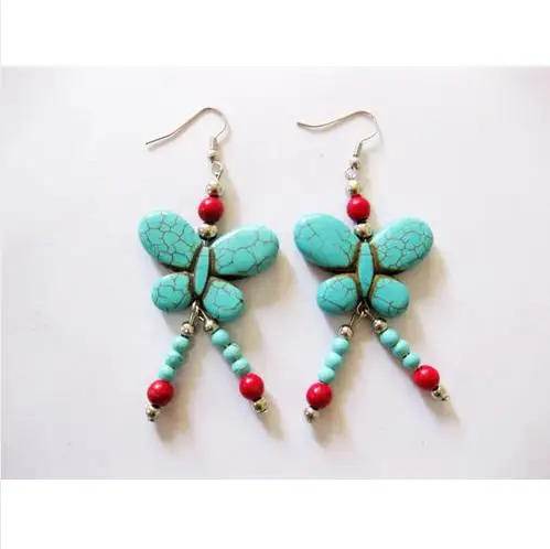 New Classic Favorite Pearl Store Cute Butterfly Turquoise Red Coral S925 Silver Dangle Earrings Handmade Chian Fine Jewelry