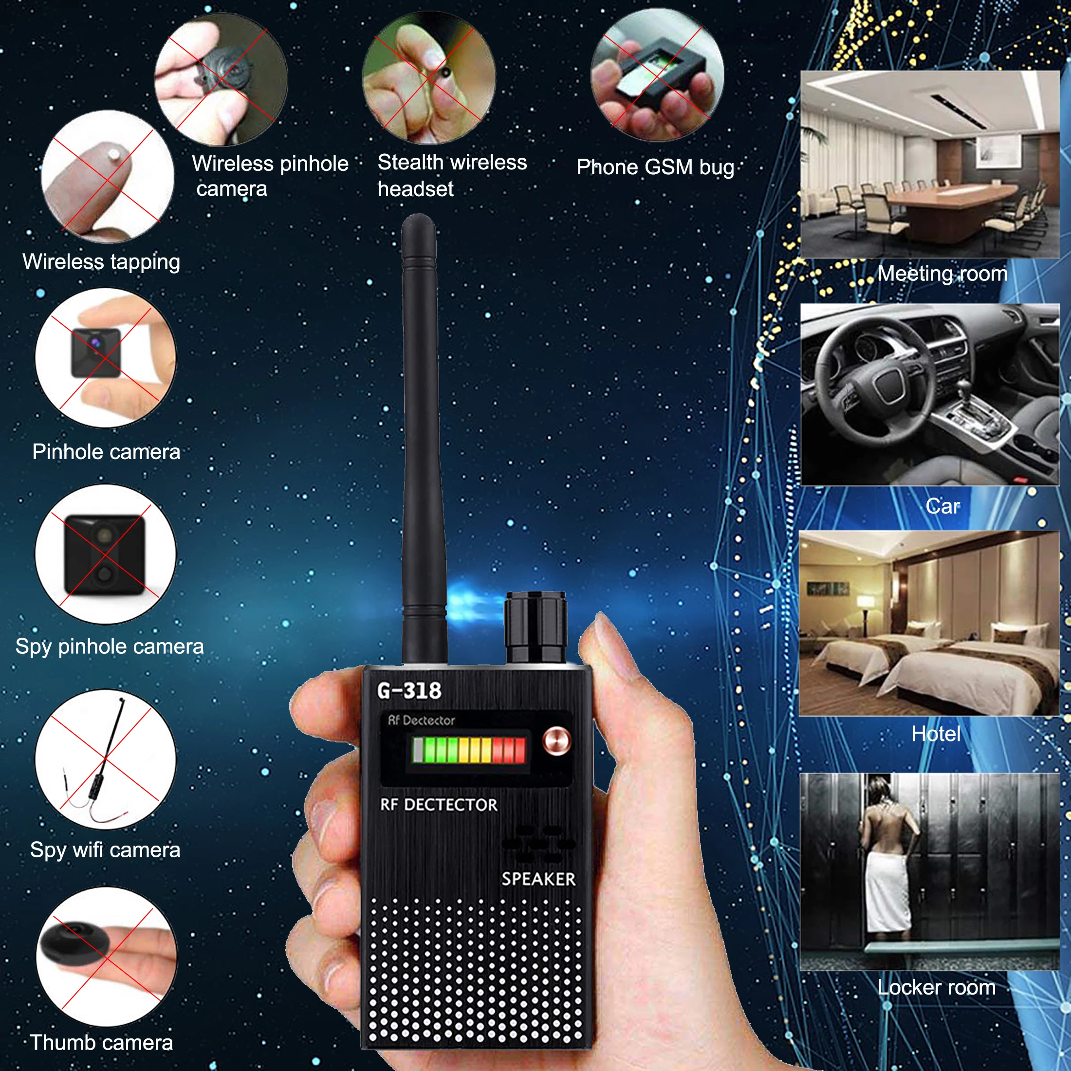 

Anti-Spy Bug Detector Anti Wireless Camera Scanner GPS RF Mobile Phone Signal Detector Device Tracer Finder 2G 3G 4G GSM Finder