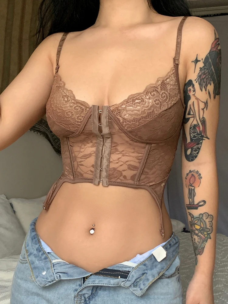 Darlingaga Strap Chic Fashion Hook Summer White Lace Top Female Transparent Bandage Y2K Cropped Corset Tops Camisole Tie Up Hot