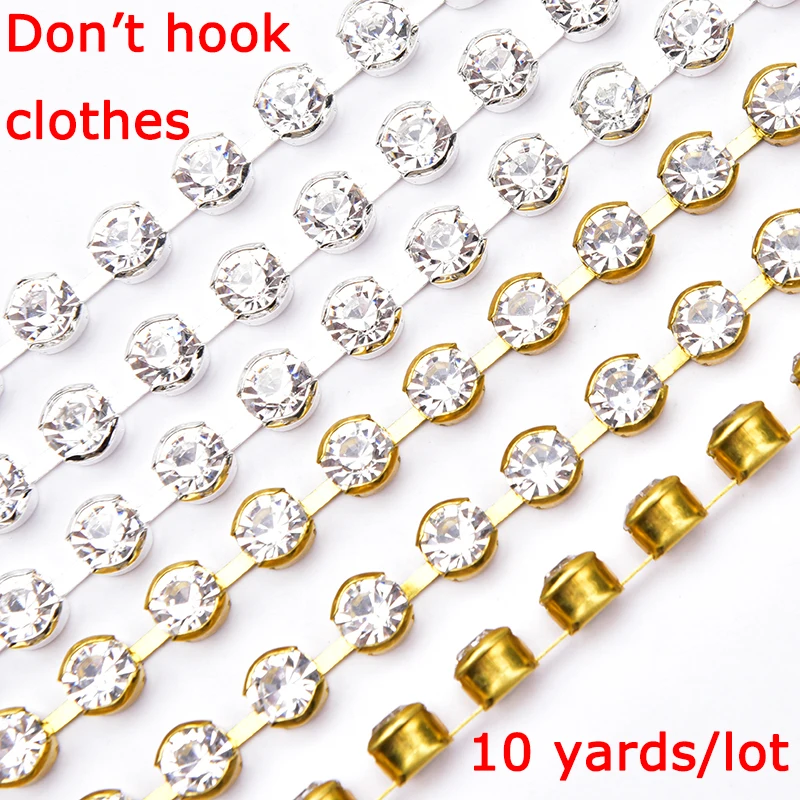 High Quality 10 Yards Rhinestone Gold Claw Chain Sewing 3-6mm Strass Clear Crystal With Silver Base Cup Trim for Wedding Dress