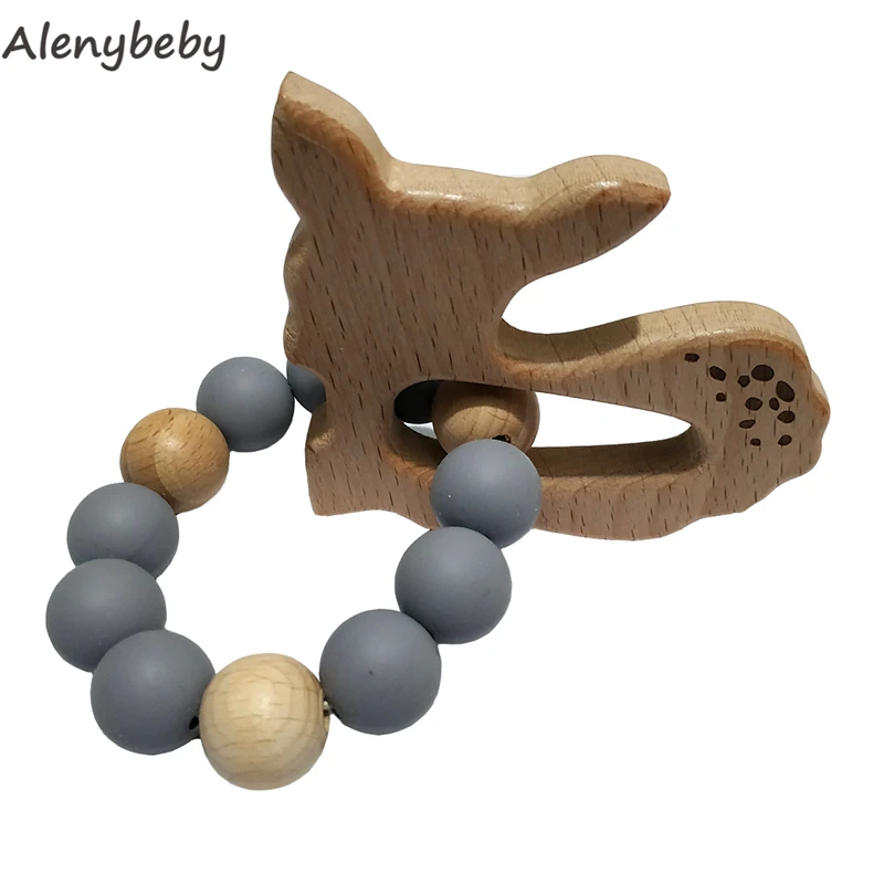 

Organic Baby Teether Bracelet Wooden Animal Teether Natural Teething Grasping Toy Baby Shower Gift