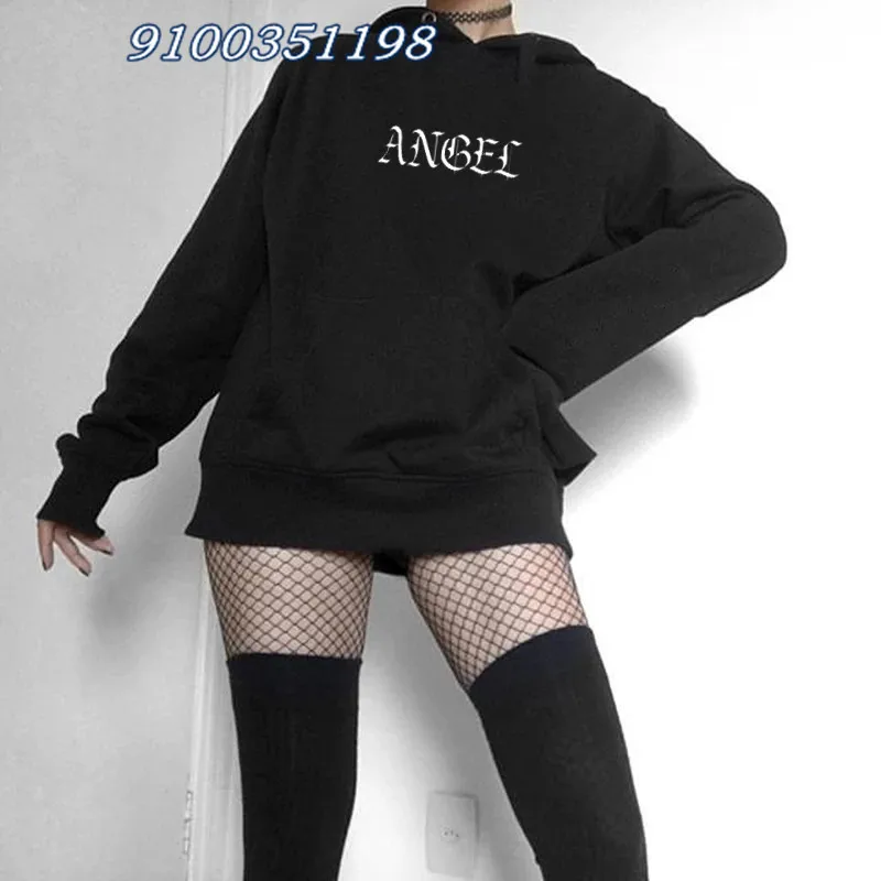 Harajuku Letter Angel Print Pullovers Kawaii Hoodie Pullovers Long Sleeve Casual Tops O-neck Women's Hooded Sweatshirt clothes