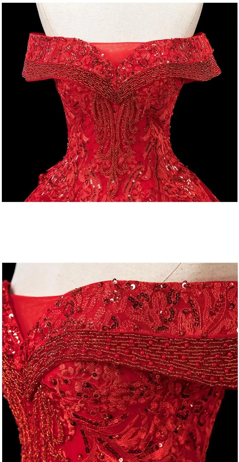 Robe de mariée de luxe en dentelle rouge/champagne, épaules dénudées, avec perles, robe de bal brodée, 2020