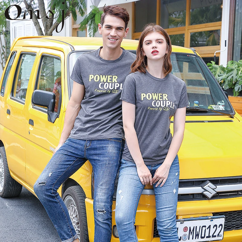 OMSJ 2024 New Hot Couple O-Neck Gray T-Shirt Women Men Valentines Gift Letter Printing Couple Summer Matching Clothes for Lovers