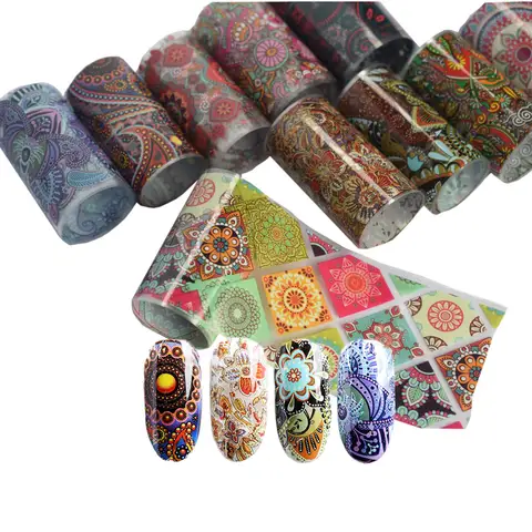 10 stuks 4*100cm Paisley Kleurrijke Nail Folies Bohemen Nail Art Transfer Sticker Decal Mandala Slider Decals DIY nail Tips Decoratie
