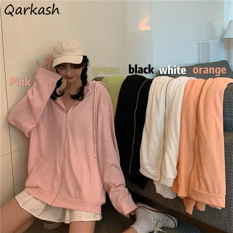 Women Basic Jackets Solid Loose Summer Thin Outwear Sun-proof Hooded Zipper All-match Students Streetwear Tops Korean Style Chic