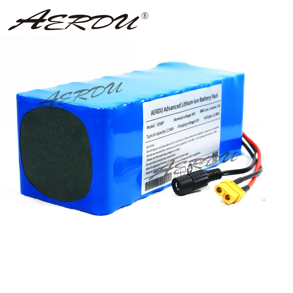 AERDU 36V 12.8Ah 10S4P 13Ah 12Ah 18650 Li-ion Battery Pack 750Watt 500W Motor Ebike Scooter Extended Range 37v Lithium Batteries