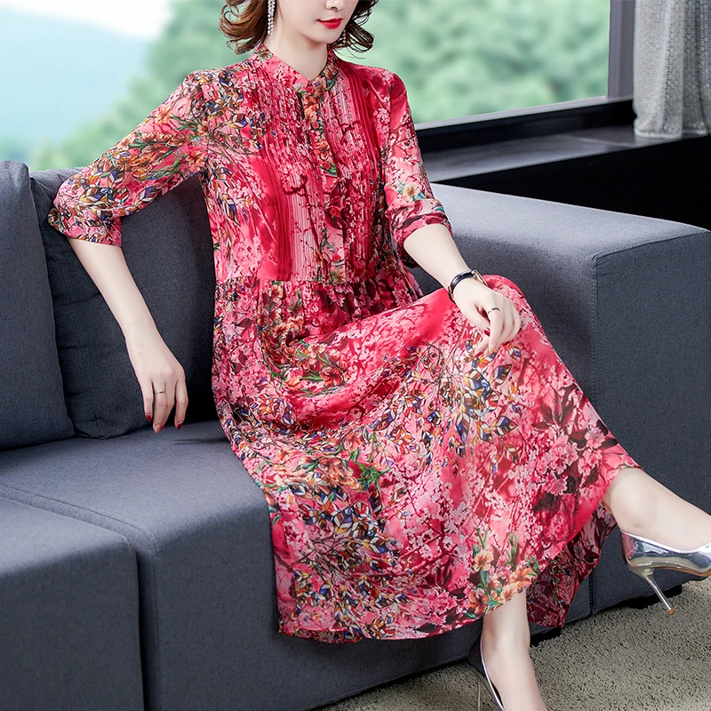 

2022 Spring Summer Red Floral Natural Silk Midi Dress Korean Vintage chic Dresses Women Elegant Bodycon Party evening Vestidos