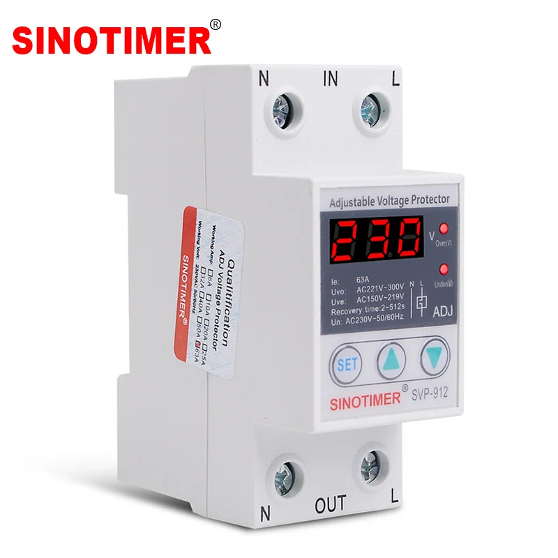 63A 220V Din Rail Adjustable Recovery Reconnect Over and Under Voltage Protective Device Protector Relay Over Voltage Protection