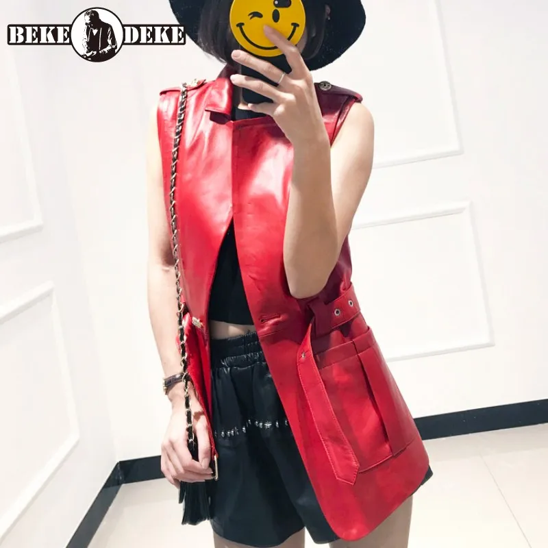 New Arrival Vest Women Sheepskin Black Red Sleeveless Jacket Ladies Fashion Design Belt Lapel Real Leather Vest All Match