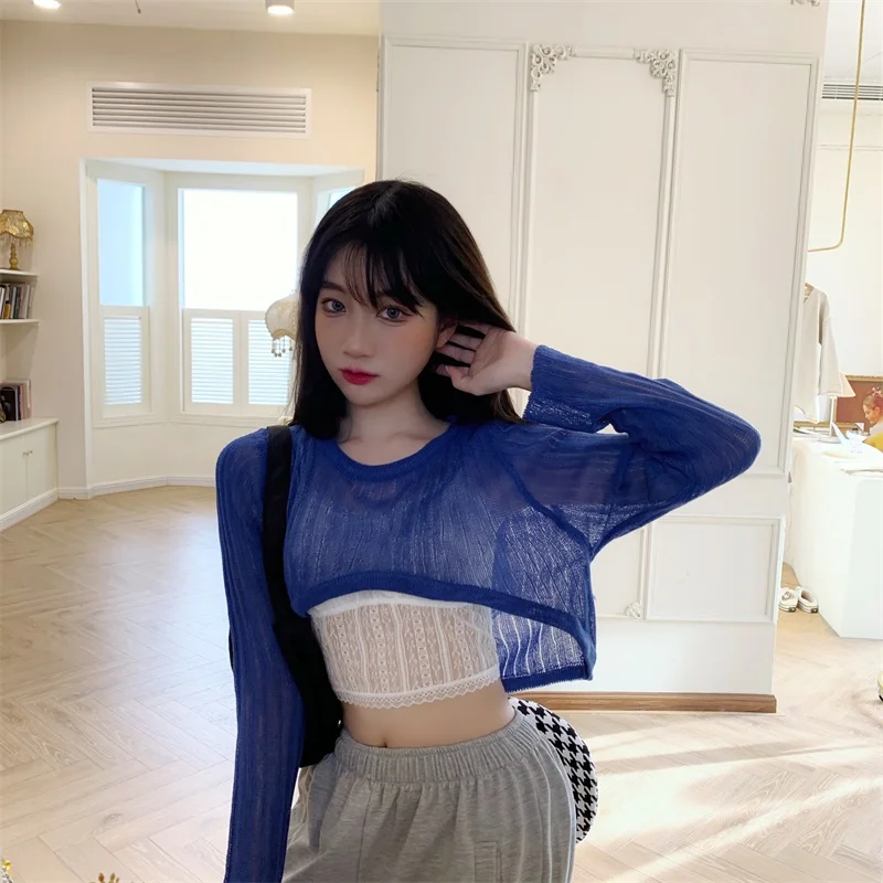 Summer Women See-through Long-sleeved Sunscreen Tshirt Long Sleeve Streetwear Autumn Tee Tops Black Sweaters