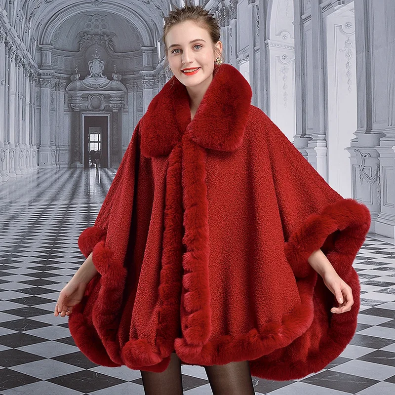 Noble Luxury Faux Rex Rabbit Fur Coat Cape Thick Soft Double-sides Imitated Lamb Wool Overcoat Wide Lapel Women Winter Cloak Big