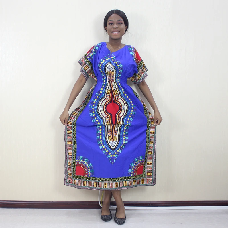 Dashikiage Fashion Autumn Dashiki Pattern Printed Blue 100% Cotton Short Sleeve African Dresses For Women