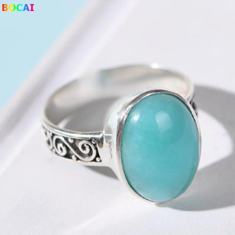 S925 Sterling Silver Charm Rings for Women Simple Retro Pattern Oval Amazonite New Fashion Jewelry Wholesale