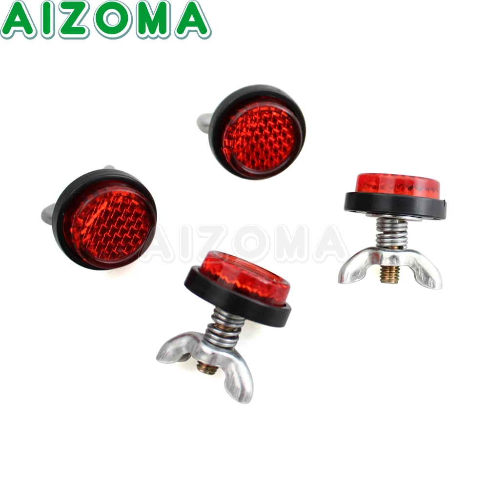 Off-road 4pc Reflective Tag Bolt Screws Rear License Plate Warning Reflector Red Safety Lens For Motorcycle Trunk Car Scooter