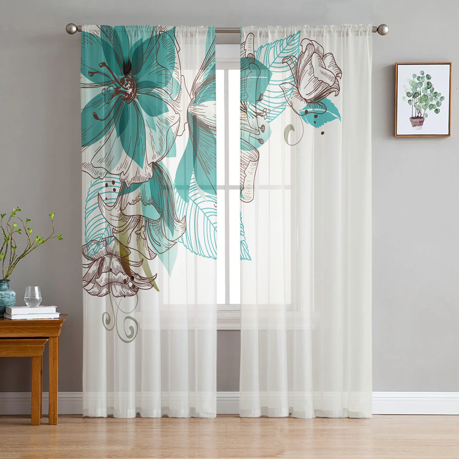 

Flowers Bloom Turquoise Plants Roses Tulle Sheer Window Curtains for Living Room Kitchen Children Bedroom Voile Hanging Curtain