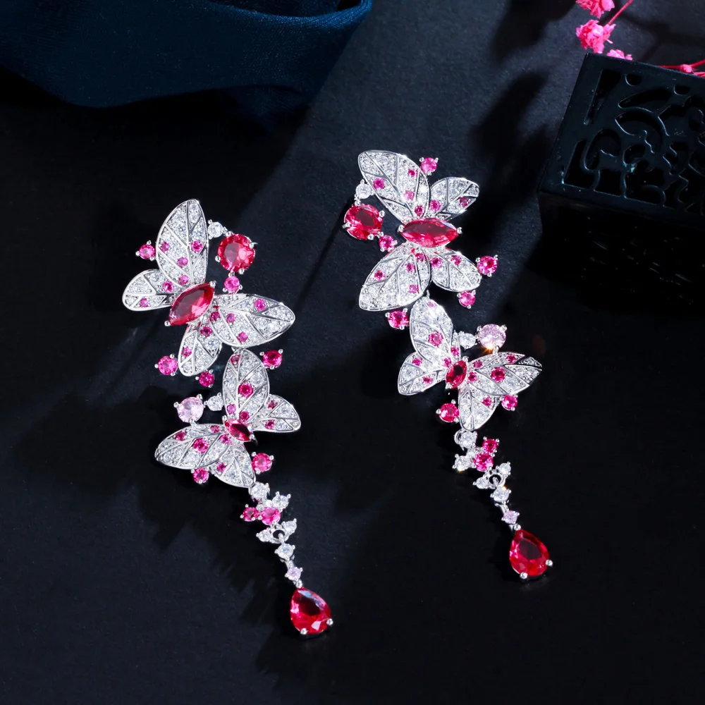 CWWZircons Shiny Pink Red Cubic Zircon Long Dangle Butterfly Earrings Luxury Women Party Wedding Jewelry Accessories Gift CZ011