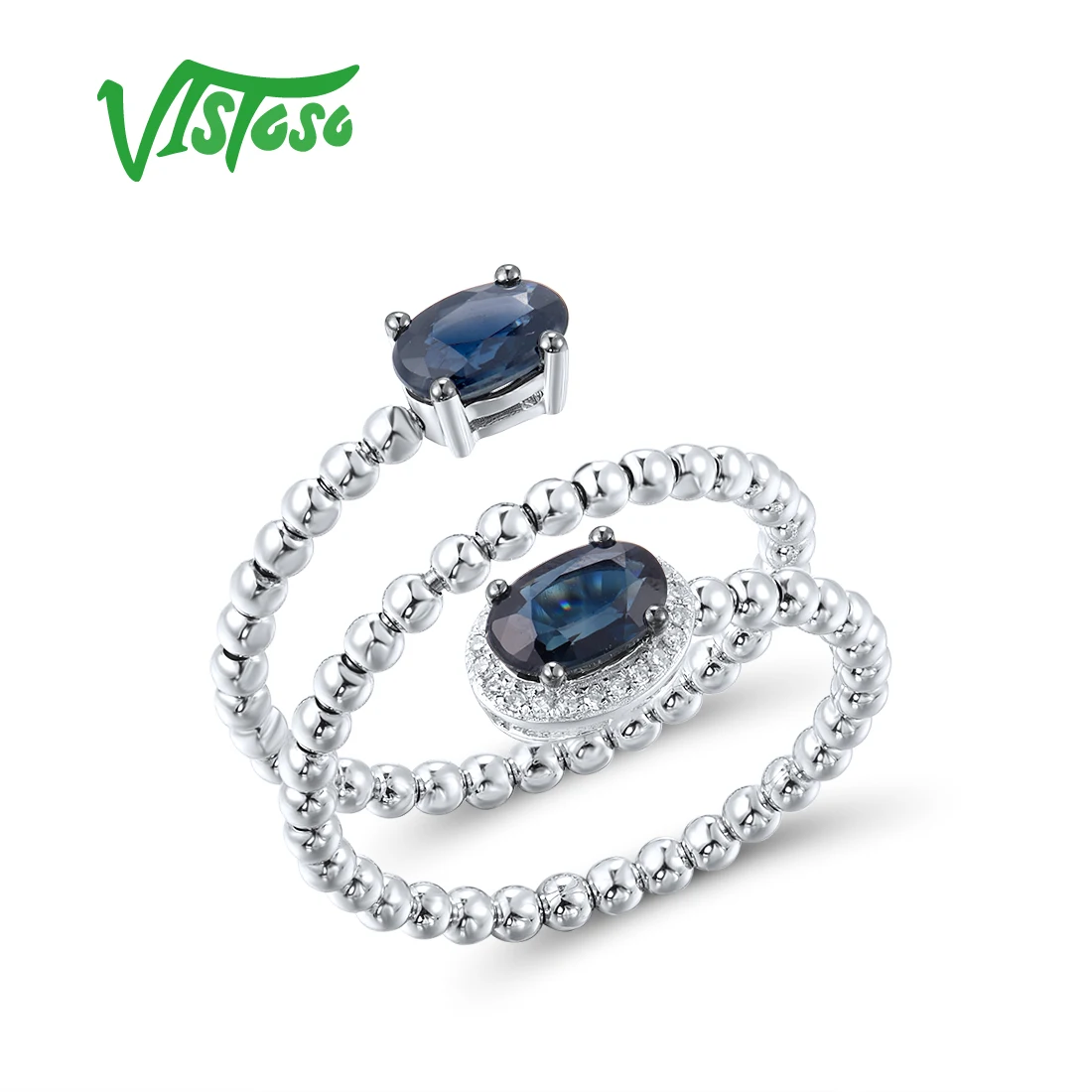 

VISTOSO Genuine 14K 585 White Gold Rings For Women Sparkling Blue Sapphire Diamond Stylish Open Ring Concise Edgy Fine Jewelry