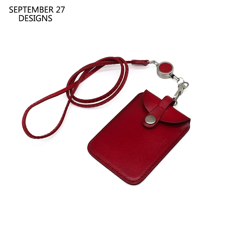 

ID Badge For Office Work Genuine Leather Luxury Handmade Identity Bus Card Bag Reel Hanging Neck Wallet Cowhide Mini Purses