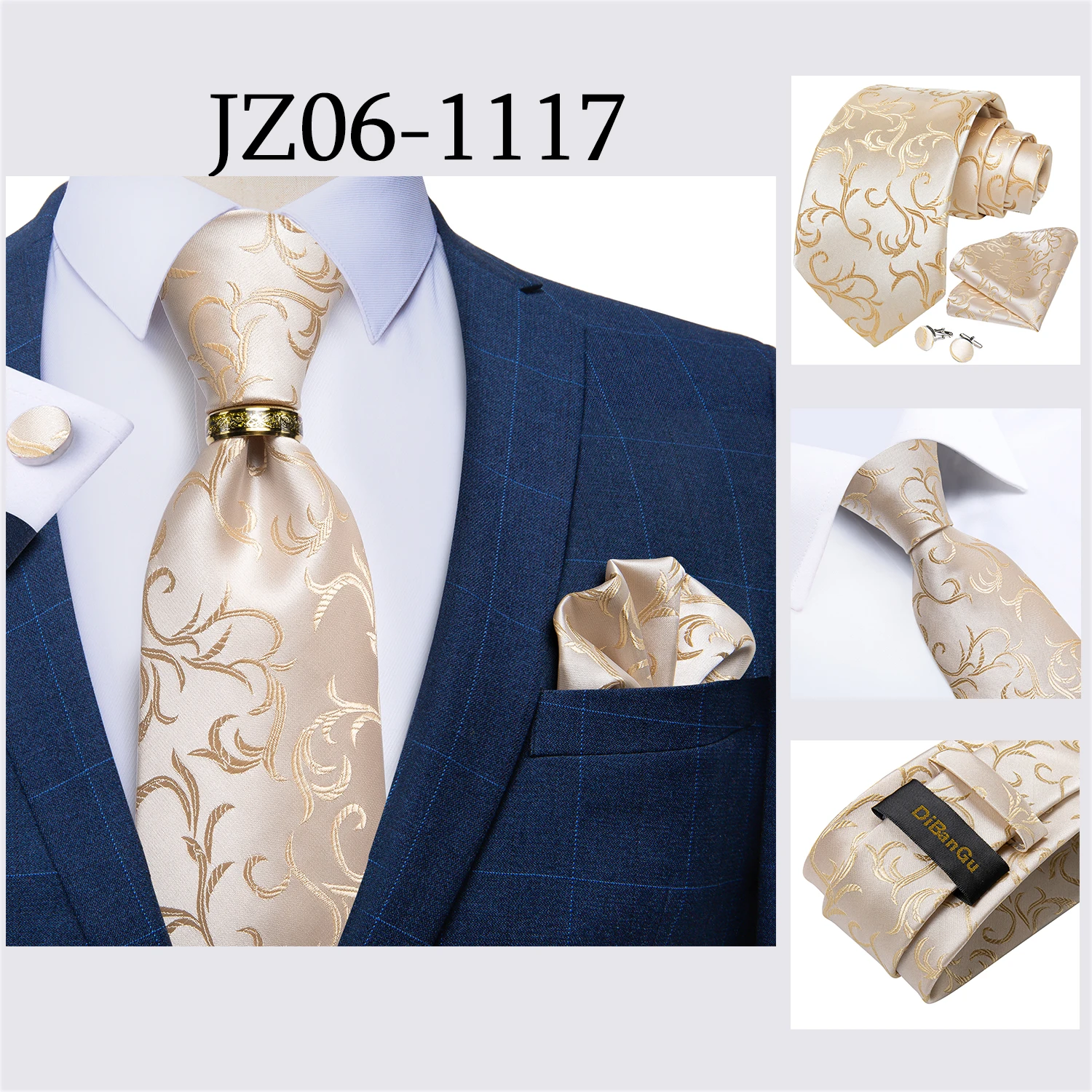 Beige Floral Herren Krawatten Taschentuch Manschettenknöpfe Hochzeit Party Krawatten für Männer Edelstahl Drachen Ring Männer Accessoires Geschenk – Detail 25