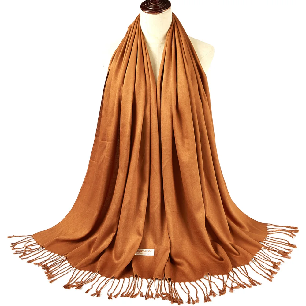 Solid Silky Pashmina Shawl Shine Scarf With Fringes For Women Evening Dress Daily Basic Winter Autumn Soft Large 70*200cm