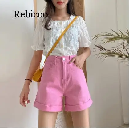 

Candy Color High Waist Wide Leg Denim Shorts For Women 2020 Summer Crimping Korean Fashion Clothing Lady Jean Short Shorts