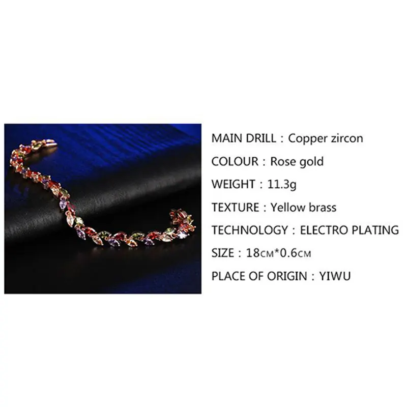 HUAMI Rose Gold Bangles Colorful Crystal Gifts for Women Fashion Jewelry Pulseiras Willow Leaf Copper Zircon Femme Bijoux