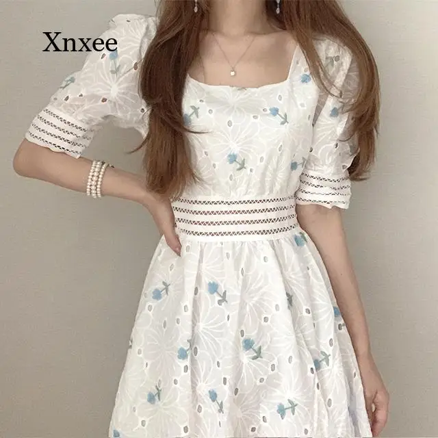 Embroidery Flower Square Neck Dress Summer Dress Puff Sleeve Vintage Elegant Woman Boho Long Dresses for Women Party Korean Robe