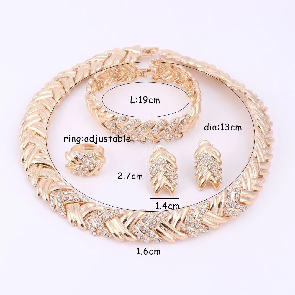 Charm Dubai Gold Color Crystal Necklace Bracelet Earring Ring Wedding Party Dress Accessories Jewelry Set