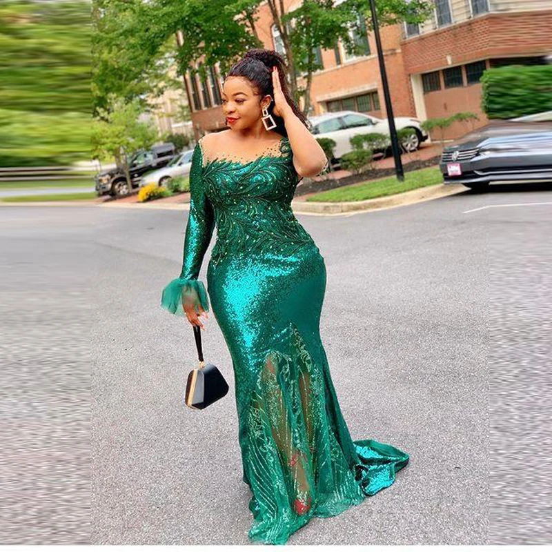 Green Sequined Mermaid Evening Dresses With Sheer Neck Beads Appliques Formal Party Gowns Long Sleeves Women Prom Dress Aso Ebi