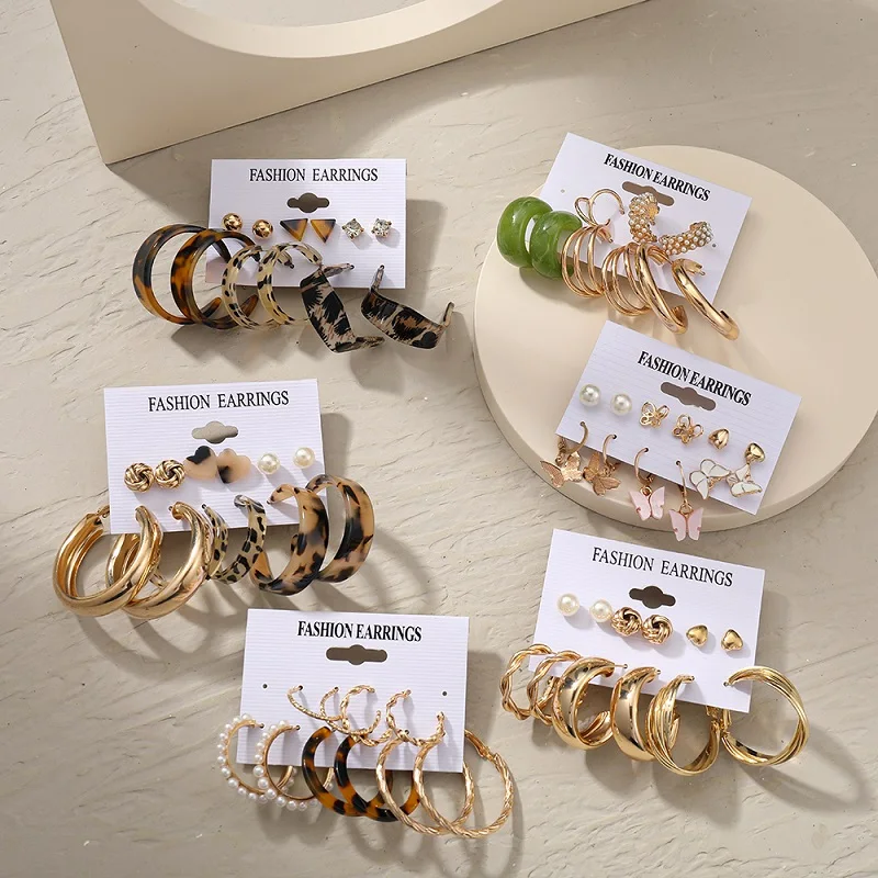 البوهيمي الأزياء الاكريليك ليوبارد جولة دائرة هوب طقم من الحلقان للنساء الذهب اللون فراشة اللؤلؤ إسقاط أقراط مجموعة مجوهرات