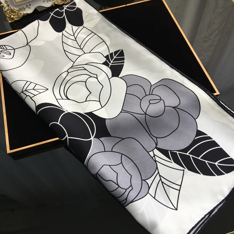 Camellia Print 100% Mulberry Silk Scarf Luxury Brand Designer Hand Hem Rolled Edges Foulard En Soie Luxe Femme 110 110cm