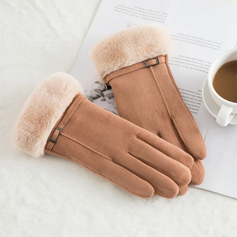 

Winter Female Double Thick Plush Wrist Warm Cashmere Cute Cycling Mittens Women Suede Leather Touch Screen Driving Glove C56