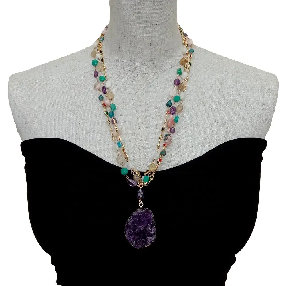 Y·YING Natural Multi Semiprecious Quartzs Rosary Chain Necklace Amethysts Druzy Pendant 23\