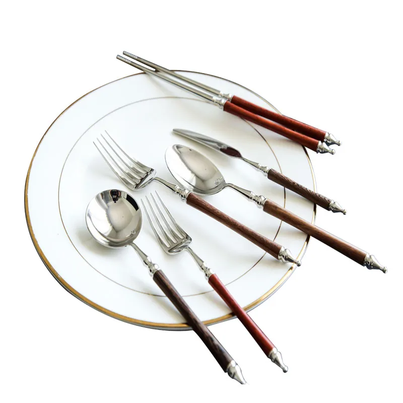 Western tableware set chicken wings wooden handle 304 stainless steel steak knife fork spoon chopstick spoon dessert fork spoon