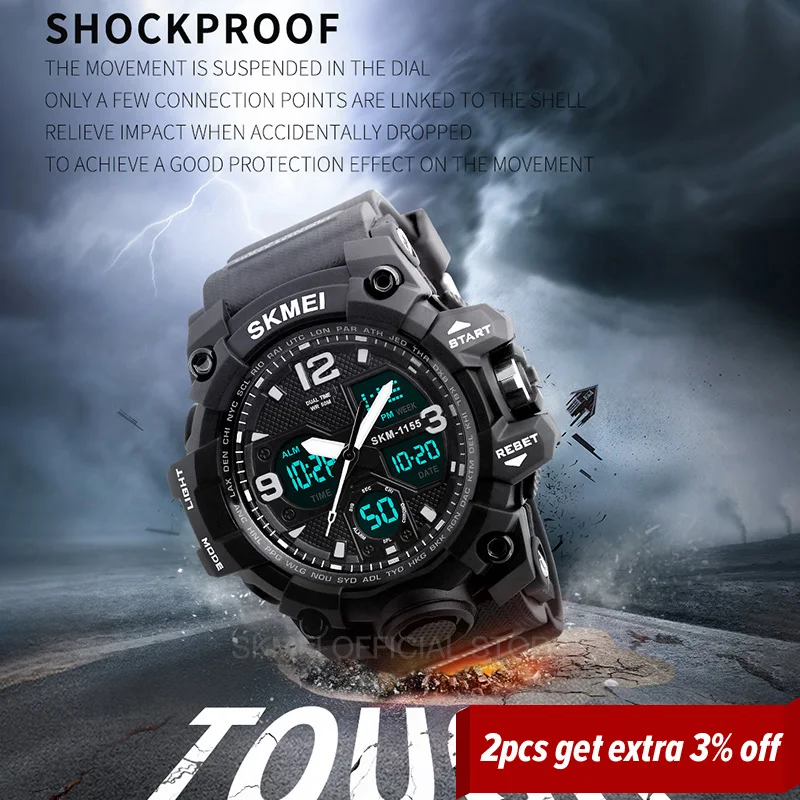 SKMEI Fashion Sports Watches For Men Shockproof Waterproof Digital Wristwatches Men Watch 2 Time Chrono Male reloj hombre 1155B