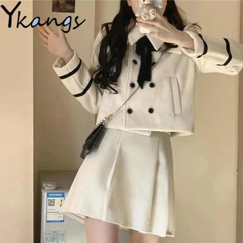 

Solid Winter Warm Woolen Elegant Skirts Suit Women College Lapel Double Breasted Coat Pleated Casual A-line Korean Skirts Female