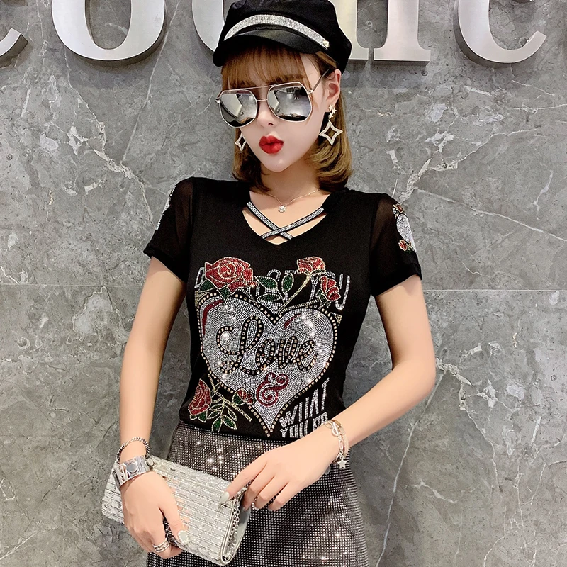 2024 Zomer Mode Koreaanse T-Shirt Kleding Sexy Uitgehold Ingelegde Diamanten Letter Rose Vrouwen Tops Ropa Mujer Patchwork Mesh T-Shirts