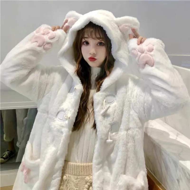 Winter Jacket Women Lolita Fleece-lined Thickened Girl Soft Fabric Kawaii Cat Ear Hat Claw Cute Plush White Coat Youthful Parka