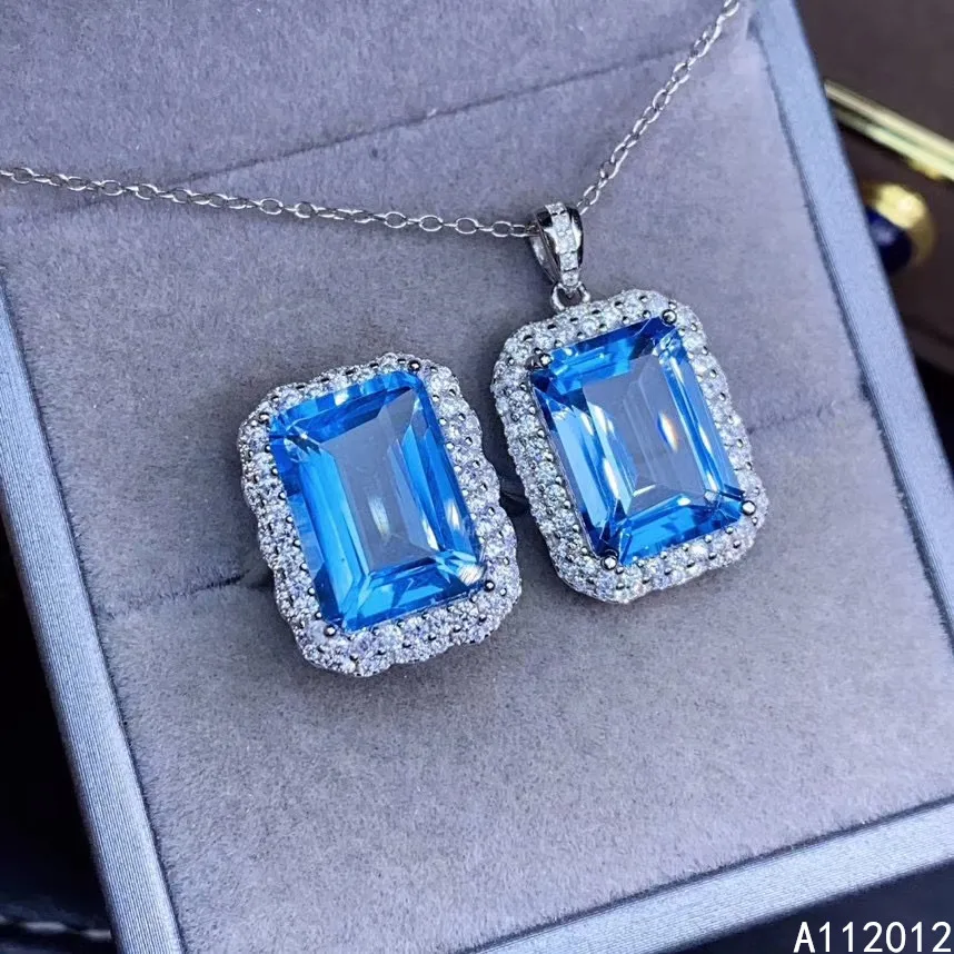 

KJJEAXCMY fine jewelry natural blue topaz 925 sterling silver girl new pendant necklace ring set Gift Birthday Party Wedding