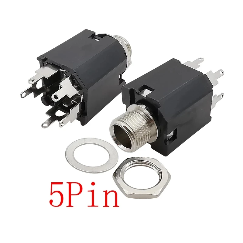 5Pcs/lot PJ-612A 6.35MM 3Pin 5Pin Headphone Female Jack Audio Microphone Plug Socket Panel Mount Solder Connector with Nut